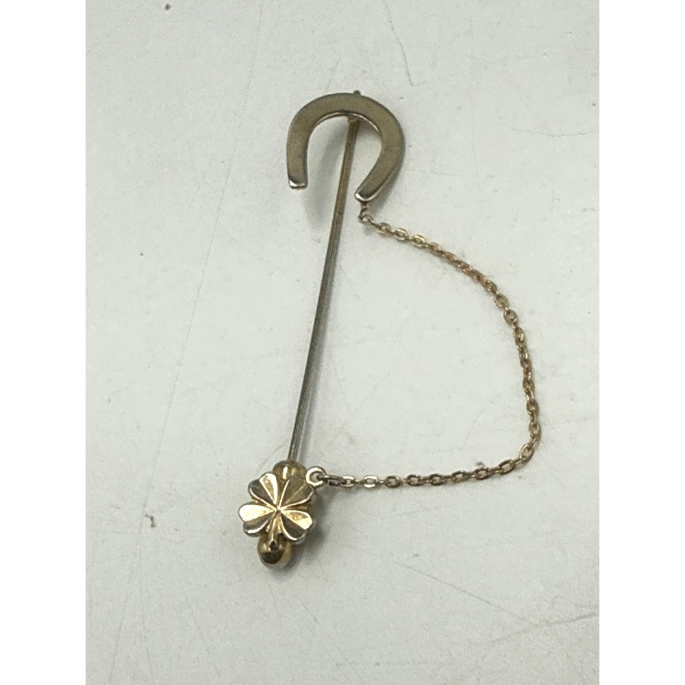 Vintage Gold Tone Horseshoe and Four Leaf Clover Stick Pin with Safety Chain